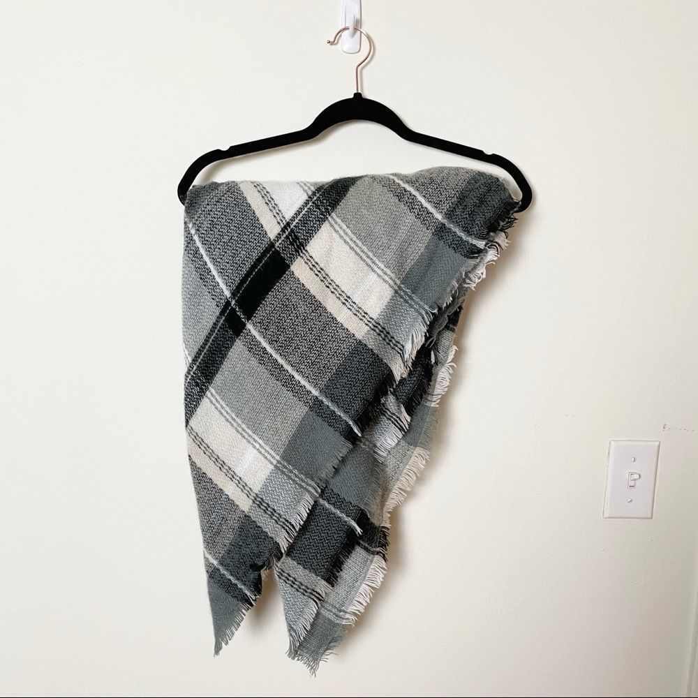 Oversized Soft Black Gray and White Plaid Blanket Scarf